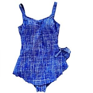 Vtg 90s Maxine of Hollywood Blue Shibori Print One Piece Sz 14 Swimsuit Retro